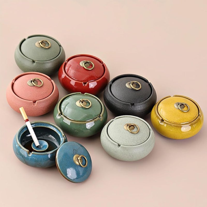 Yellow Ceramic Ashtray with Lid Windproof Portable Ash Tray for Indoor Outdoor Office Home Patio Decor - Image 5